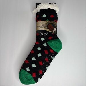 womens slipper socks grippers Lux Holiday Thermal Fashion Green Black Red NWT